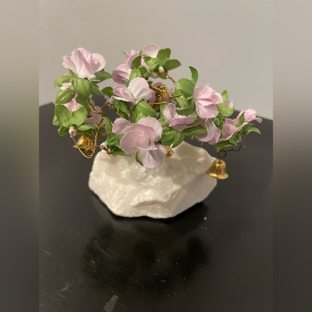 VTG Prosperity Tree Brass bells & light purple Fabric Flowers w/marble Base